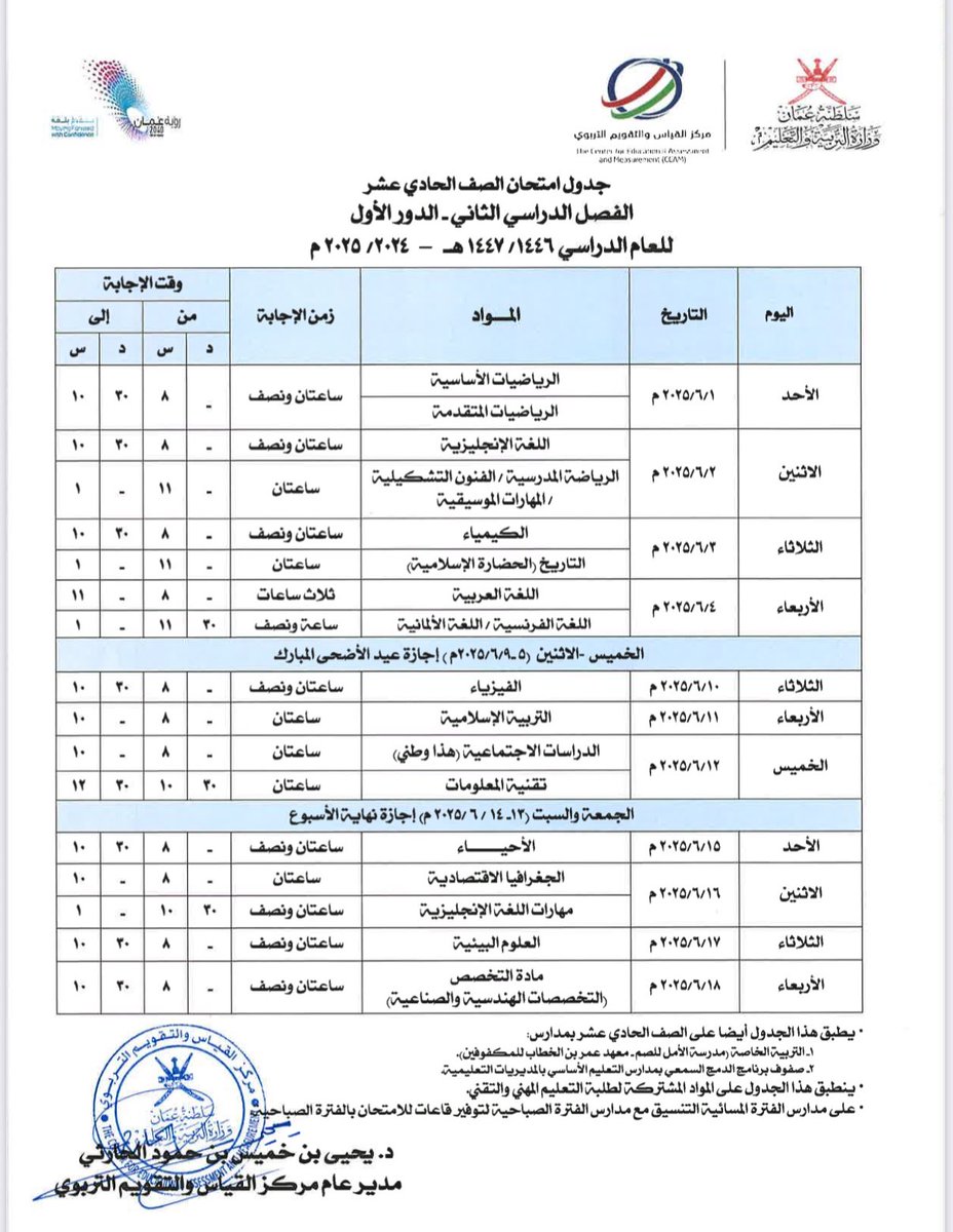 جداول امتحانات الصفوف من 5-11 للفصل الدراسي الثاني لعام 2024/2025