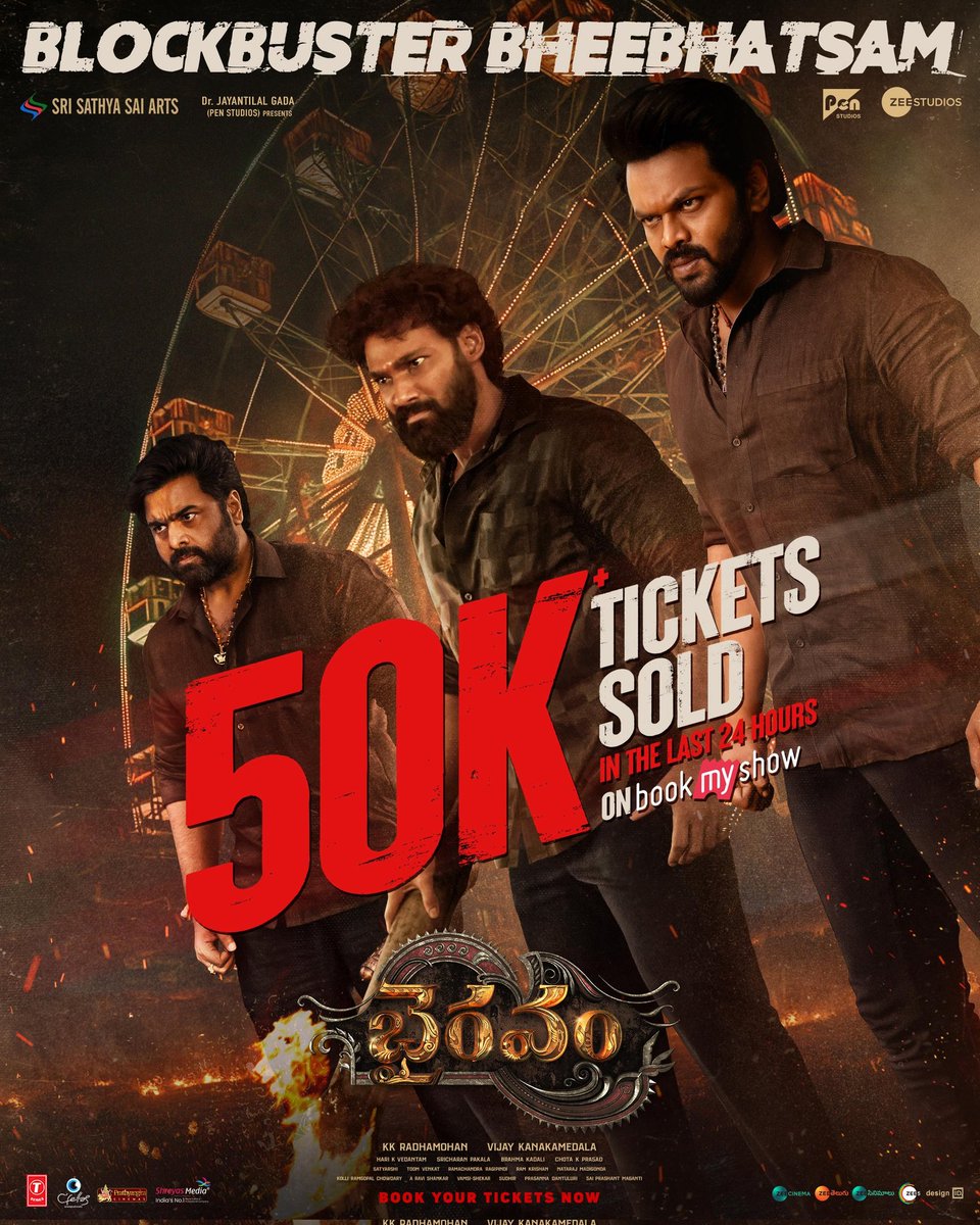 Sri Sathya Sai Arts (@srisathyasaiart) on Twitter photo #Bhairavam rampage at the box office ❤🔥
Records the highest number of tickets sold on <a href="/bookmyshow/">BookMyShow</a> in the last 24 hours 💥💥💥
Book Your Tickets Now and enjoy the BLOCKBUSTER BHEEBHATSAM in cinemas.
🎟️ linktr.ee/BhairavamTicke… #Bhairavam rampage at the box office ❤🔥
Records the highest number of tickets sold on <a href="/bookmyshow/">BookMyShow</a> in the last 24 hours 💥💥💥
Book Your Tickets Now and enjoy the BLOCKBUSTER BHEEBHATSAM in cinemas.
🎟️ linktr.ee/BhairavamTicke…