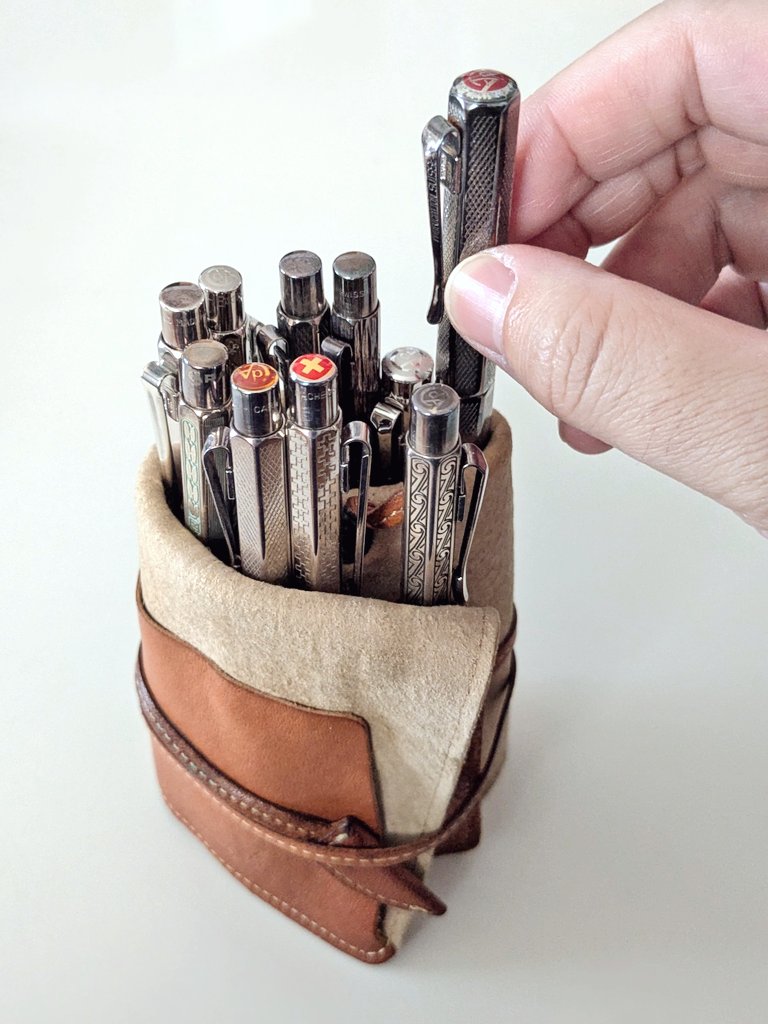 定期的にポストするのですが、カラフルなゴリアット芯を使いたくてエクリドール増やしちゃった、という方は 土屋鞄のトーンオイルヌメロールペンケースが本当にお勧め。
10本くらい一気に収納＆携帯できますし、いろいろ使いやすいです。
#ペンケース #ボールペン