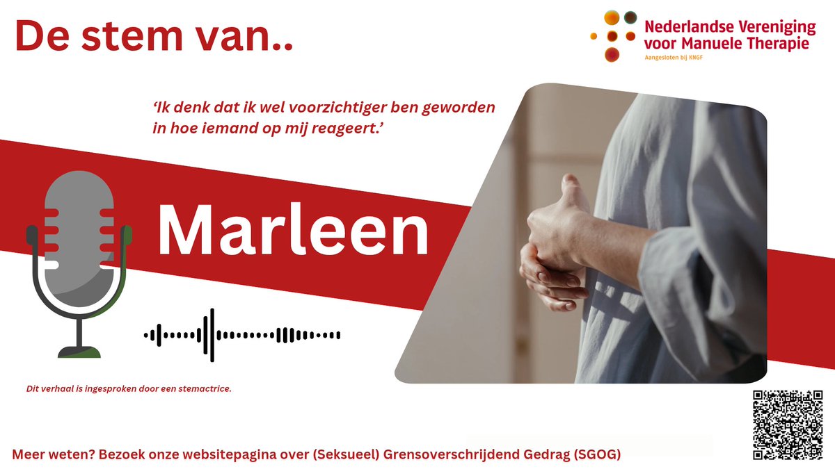 De nieuwe campagne van de @nvmtmanueeltherapeut 'De stem van..' is gelanceerd! Hierbij komen er verhalen aan bod waarbij er sprake is van grensoverschrijdend gedrag.

Bezoek de pagina:
kngf.nl/bi/nvmt/beroep…

En beluister het eerste verhaal van Marleen.