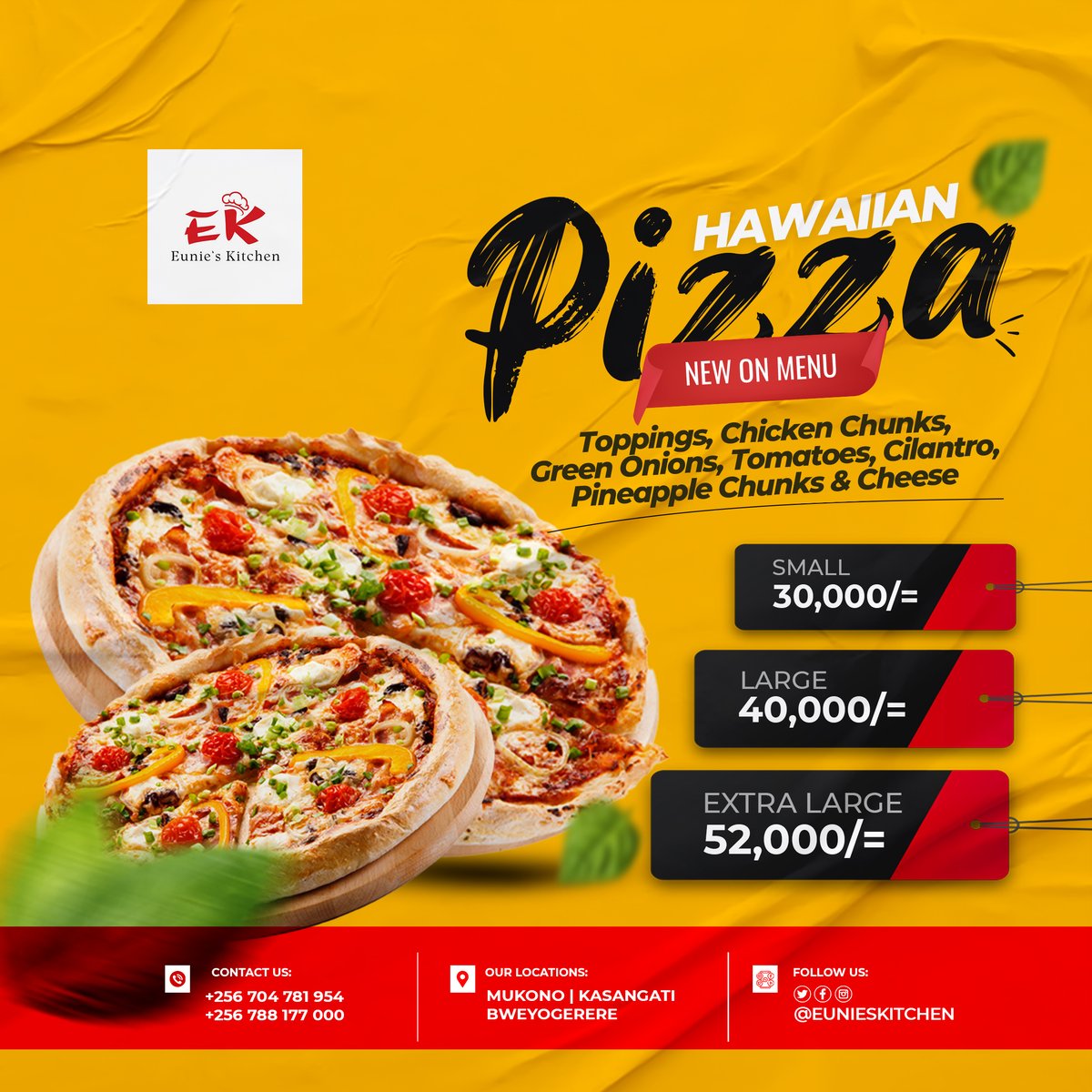 Double the pizza slices with our Hawaiian pizza.😋😋😋

New on Menu | Order an extra large and get 1 free.
Small - 30,000/=

Large - 40,000

Extra  Large - 52,000/=

Call: 0788177000

Eunice Adubango

#pizza #euniezkitchen