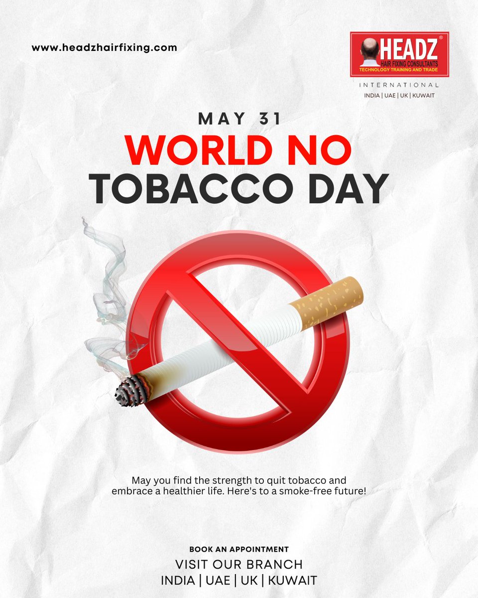HeadzHairfixing's tweet photo. Smoking not only harms your lungs but also your hair!
On #WorldNoTobaccoDay, take a stand against hair fall caused by tobacco.
Say goodbye to baldness.
Say hello to confidence with HEADZ.

#HairLoss #QuitSmoking #HeadzHairFixing #HairFixing #NoTobaccoDay https://t.co/CJoNF6x6Iz