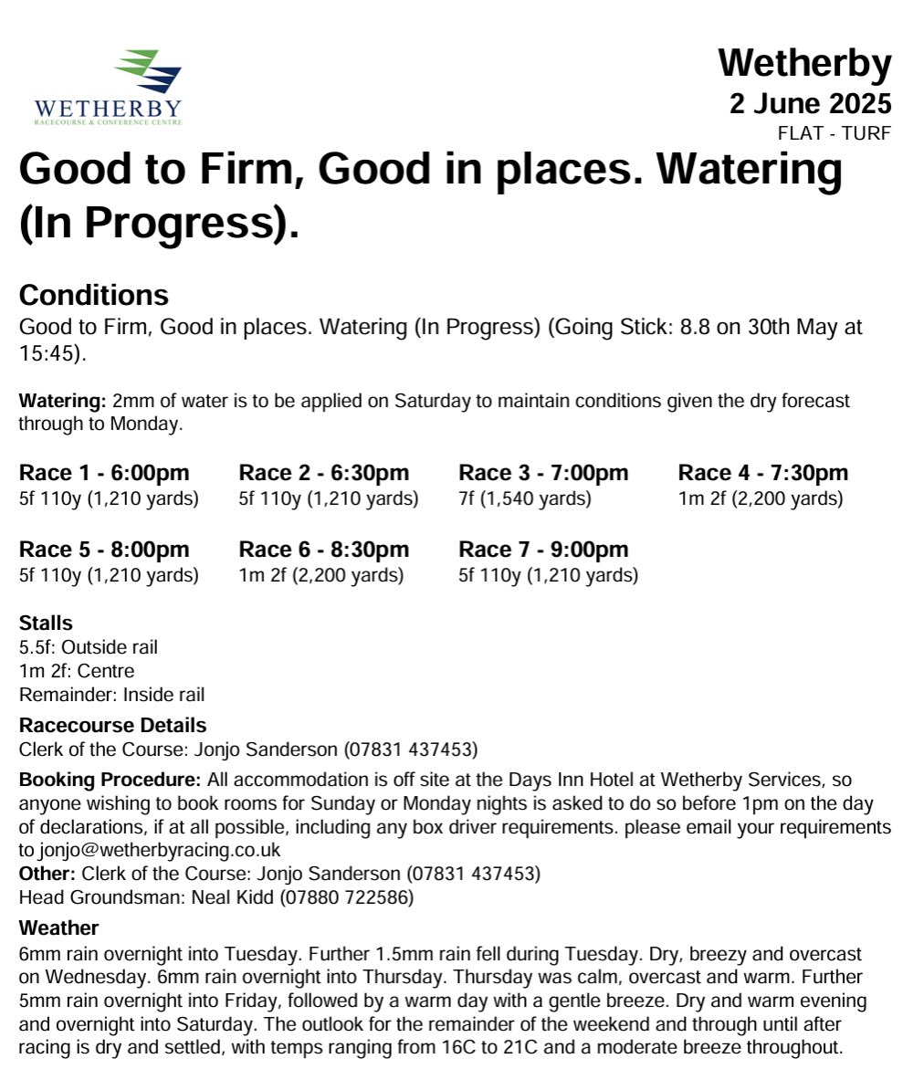 WetherbyRaces's tweet image. Latest ground and weather conditions ahead of racing on Monday evening. We had a warm and sunny evening on Friday, and similar warm conditions expected on Saturday.