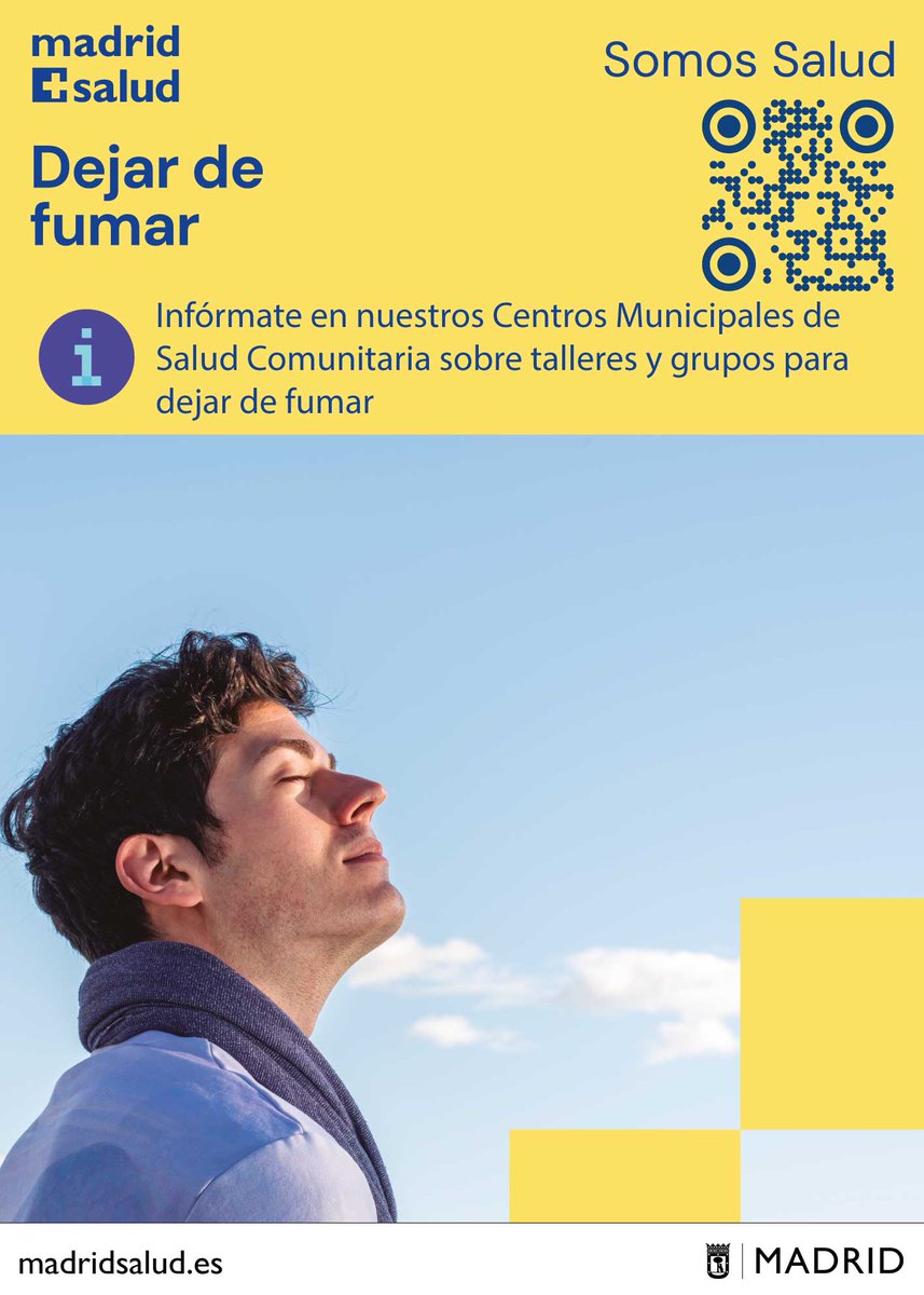 🚭 31 de mayo – Día Mundial Sin Tabaco
¿Estás pensando en dejar de fumar? ¡Hoy es un buen día para empezar! 💪💨
Desde el Ayuntamiento de @Madrid, a través de los Centros Municipales de Salud Comunitaria de Madrid Salud, te ayudamos a conseguirlo con:

✅ Talleres gratuitos para