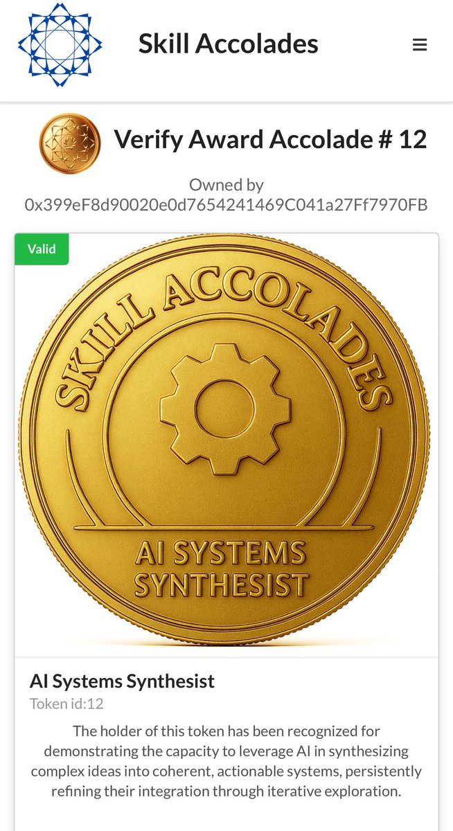 Thinking in systems.
Bridging insight &amp; intelligence—AI and human.

Honored to receive the AI Systems Synthesist badge from Skill Accolades Pathfinder. 

Thank you for telling me about the pathfinder, <a href="/skillaccolades/">Skill Accolades</a> 

skillaccolades.com/profile/0x399e…

#AI #SystemsThinking #SkillAccolades