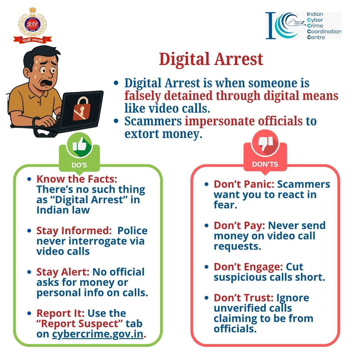 Alert! There’s NO such thing as a “Digital Arrest” in Indian law.

If someone calls or video chats pretending to be an official &amp; demands money — it’s a scam.

🛑 Don’t panic.
📲 Don’t pay.
📢 Report at: cybercrime.gov.in | ☎️ 1930
#CyberSafety #DigitalScam #StayAware