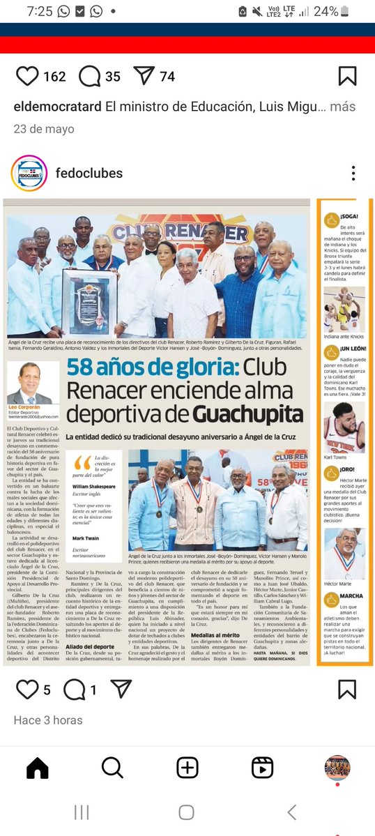 Club Renacer celebró, en grande sus 58 años, con el apoyo de la Federación Dominicana de Clubes  Angel de la Cruz es reconocido. <a href="/luisabinader/">Luis Abinader</a> <a href="/spereyrarojas/">Samuel Pereyra Rojas</a> <a href="/Pachecoalfredoo/">Alfredo Pacheco</a>