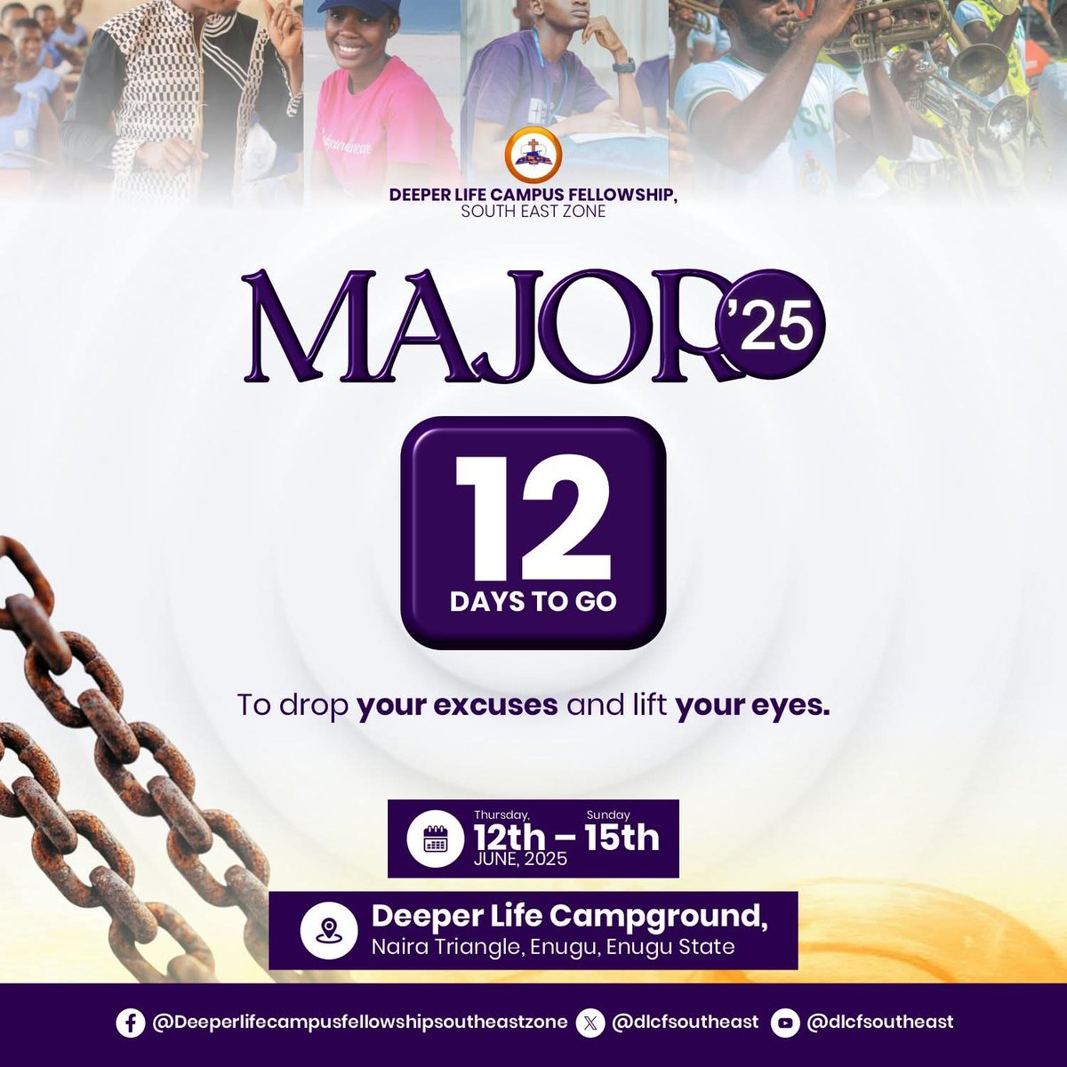 DLCFSouthEast's tweet photo. 12 DAYS TO GO
This is your sign to stop saying "maybe next time."
No more hiding behind excuses.
No more settling for the sidelines.
Drop your excuse and lift your eyes.
God is still writing stories with people who show up.
#Major25
#DlcfSouthEast
#DropYourExcuse
#NextLevel https://t.co/XPkVVIbzZT