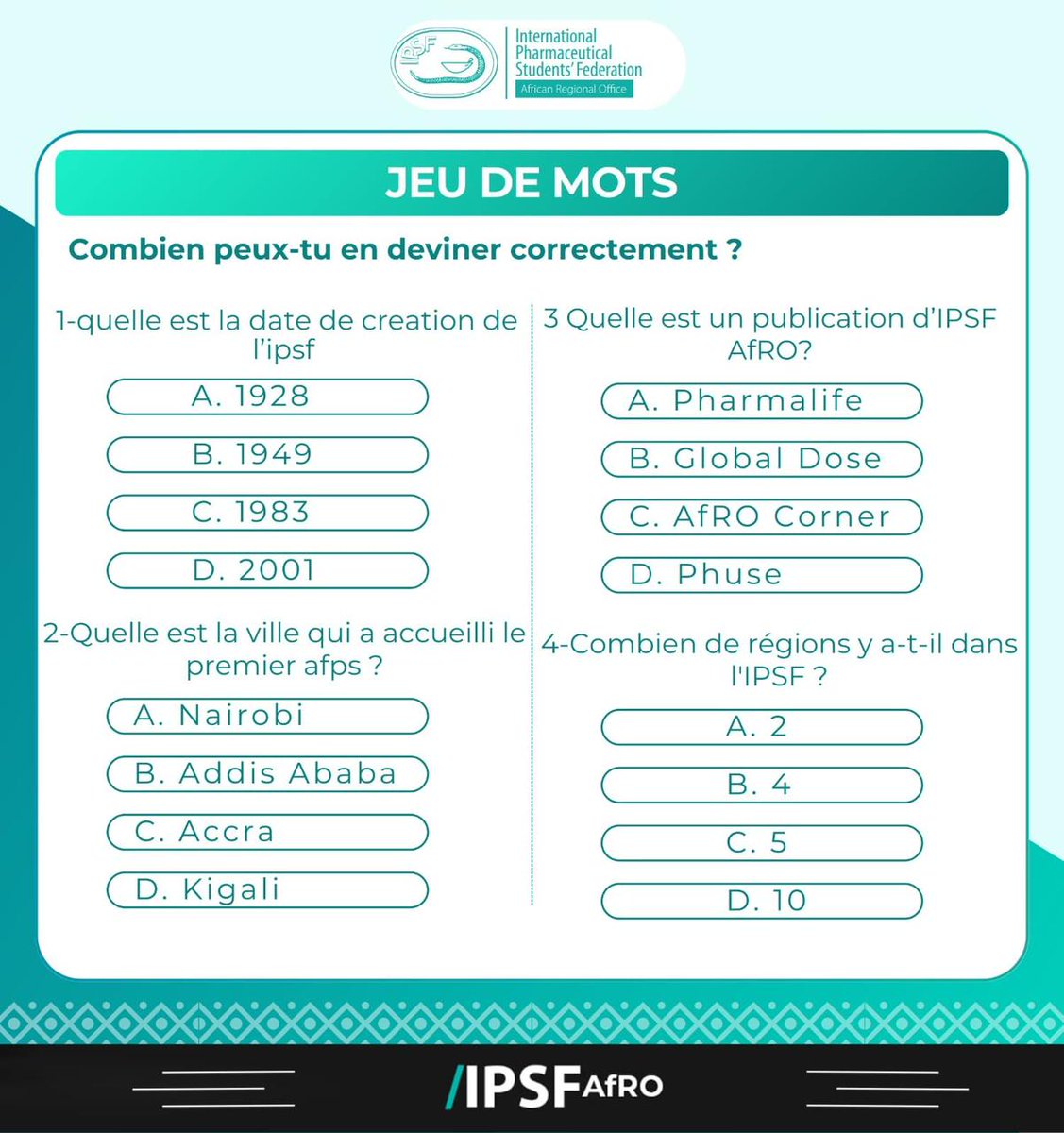 🎉Jour 4 de la Semaine de sensibilisation afro de l'IPSF : JOURNÉE DE JEUX

📄 Mots croisés ✔️ 
🧩 Mots cachés ✔️ 
🤔 Défi quiz ✔️ 
Tous les thèmes sont centrés sur l'IPSF
M
Que vous soyez un membre expérimenté ou que vous veniez de rejoindre la famille