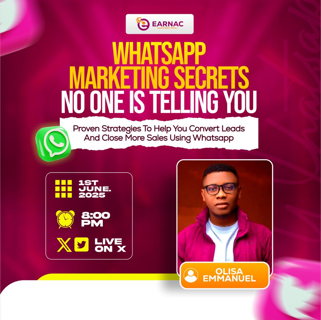 EARNAC (@earnac_) on Twitter photo ๐๐ข๐ ๐ฎ๐ฉ๐๐๐ญ๐ ๐ฅ๐ฅ๐ฅ
Are you struggling to get quality leads on Whatsapp.???
This Sunday, weโre hosting <a href="/OlisaEmmanuelU/">Olisa Emmanuel</a>, a ๐๐ก๐๐ญ๐ฌ๐๐ฉ๐ฉ ๐ฆ๐๐ซ๐ค๐๐ญ๐ข๐ง๐ ๐๐ฑ๐ฉ๐๐ซ๐ญ ๐ฐ๐ก๐จ ๐ฐ๐ข๐ฅ๐ฅ ๐๐ ๐ซ๐๐ฏ๐๐๐ฅ๐ข๐ง๐ ๐ญ๐ก๐ ๐ก๐ข๐๐๐๐ง ๐ฌ๐๐๐ซ๐๐ญ๐ฌ, ๐ฉ๐ซ๐จ๐ฏ๐๐ง ๐๐ข๐ ๐ฎ๐ฉ๐๐๐ญ๐ ๐ฅ๐ฅ๐ฅ
Are you struggling to get quality leads on Whatsapp.???
This Sunday, weโre hosting <a href="/OlisaEmmanuelU/">Olisa Emmanuel</a>, a ๐๐ก๐๐ญ๐ฌ๐๐ฉ๐ฉ ๐ฆ๐๐ซ๐ค๐๐ญ๐ข๐ง๐ ๐๐ฑ๐ฉ๐๐ซ๐ญ ๐ฐ๐ก๐จ ๐ฐ๐ข๐ฅ๐ฅ ๐๐ ๐ซ๐๐ฏ๐๐๐ฅ๐ข๐ง๐ ๐ญ๐ก๐ ๐ก๐ข๐๐๐๐ง ๐ฌ๐๐๐ซ๐๐ญ๐ฌ, ๐ฉ๐ซ๐จ๐ฏ๐๐ง
