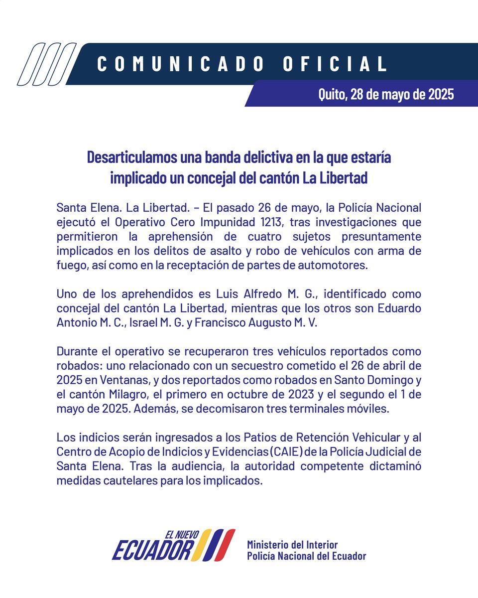Concejal detenido por robo de carros e inmediatamente liberado. El concejal del cantón La Libertad, Luis Alfredo Menoscal, fue detenido en un operativo de la Policía junto a su padre y dos sospechosos más del delito de robo de vehículos. En seguida, todos fueron liberados por un