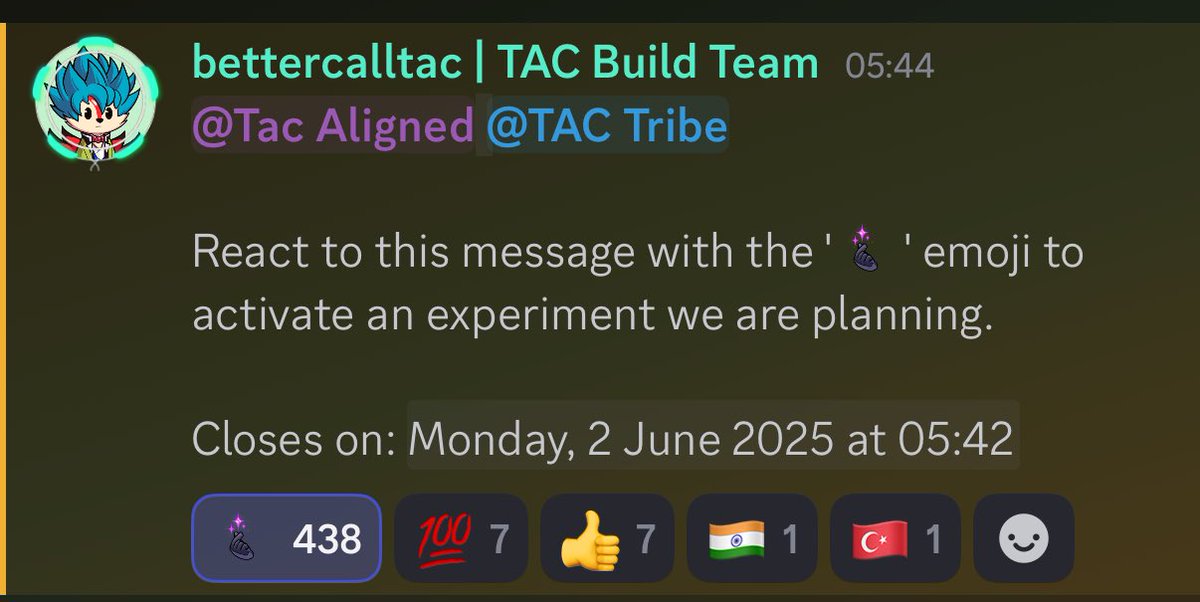 This closes on June 2nd - might be something. 

Go to TAC discord, locate tac-contest channel. 

React to the message. Don’t forget discord activities also act as multipliers on <a href="/TacBuild/">TAC (🫰,✨️)</a> campaign.