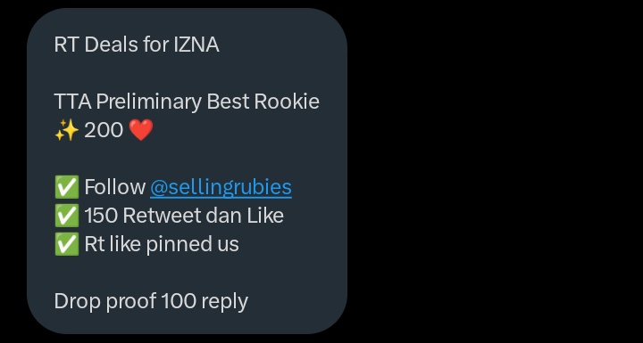 cheerz yapper (@choidrift) on Twitter photo RT Deals for IZNA
TTA Preliminary Best Rookie
✨ 200 ❤️
✅ Follow <a href="/sellingrubies/">Sellingruby</a>
✅ 150 Retweet dan Like
✅ Rt like pinned us
Drop proof 100 reply RT Deals for IZNA
TTA Preliminary Best Rookie
✨ 200 ❤️
✅ Follow <a href="/sellingrubies/">Sellingruby</a>
✅ 150 Retweet dan Like
✅ Rt like pinned us
Drop proof 100 reply