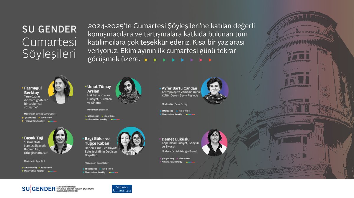 Cumartesi Söyleşilerine kısa bir yaz arası veriyoruz. Değerli konuşmacılara ve katkıda bulunan herkese teşekkür ederiz. Ekim ayının ilk cumartesi günü tekrar görüşmek üzere.