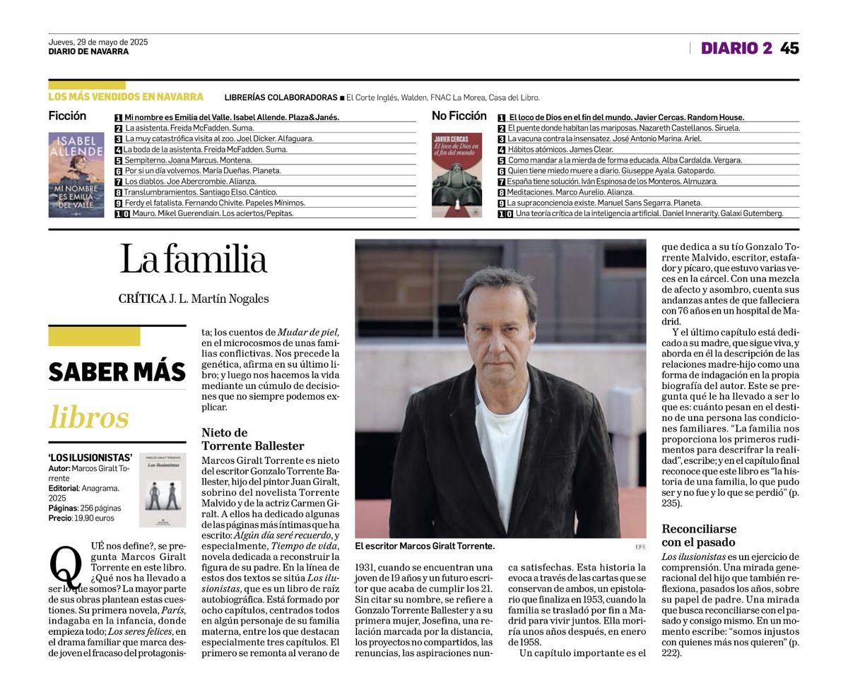 Saber más.
Libros.
<a href="/jlmartinnogales/">J. L. Martín Nogales</a>
<a href="/DiariodeNavarra/">Diario de Navarra</a>
Los ilusionistas, de Marcos Giralt Torrente.
Nieto de Gonzalo Torrente Ballester, hijo del pintor Juan Giralt...
Un libro sobre la familia materna.
Un ejercicio de comprensión: "somos injustos con quienes más nos quieren".