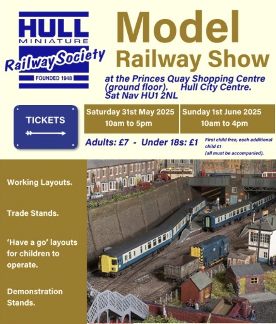 SarahPQuay's tweet photo. 🚂 MODEL RAILWAY SHOW 🚆 

This weekend!!

📆 31st May and 1st June 2025
⏰ Saturday 10am-5pm, Sunday 10am-4pm
🎟️ Adults £5 / Under 16’s £1 / Under 5 FREE 
📍 PQ Event Space, Ground Floor, Princes Quay https://t.co/Yn87lFZKpO