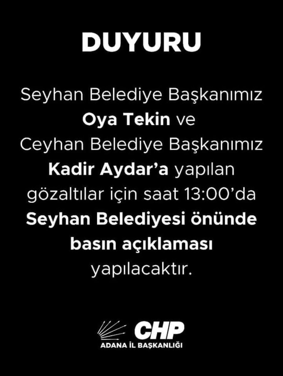 Baskılar bizi yıldıramaz.

Seyhan ve Ceyhan Belediye Başkanlarımız Oya Tekin ve Kadir Aydar'ın gözaltına alınması sebebiyle Saat 13.00'da Seyhan Belediyesi önünde basın açıklamamız olacaktır.

Hep birlikte haksızlığa, hukuksuzluğa karşı duralım.
