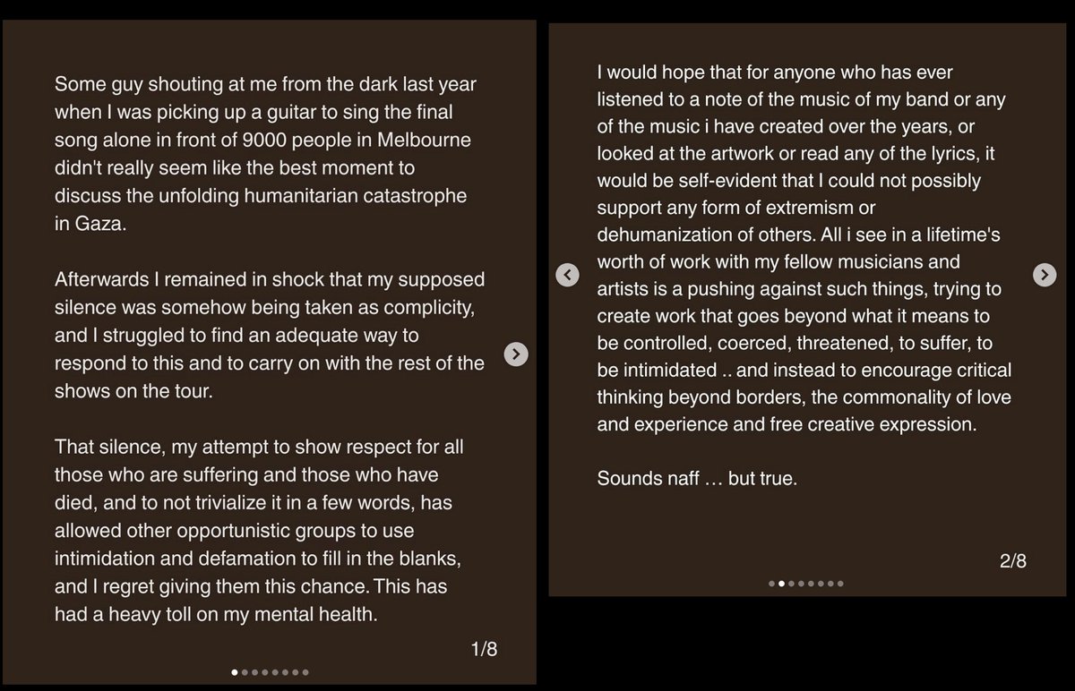 GSpellchecker's tweet image. So, Radiohead front man Thom Yorke has posted an 8 page statement about the Israel/Gaza conflict on Instagram. 

In it he claims Netanyahu and 'his crew of extremists are totally out of control and need to be stopped' because he has a 'transparent desire to take control of Gaza…