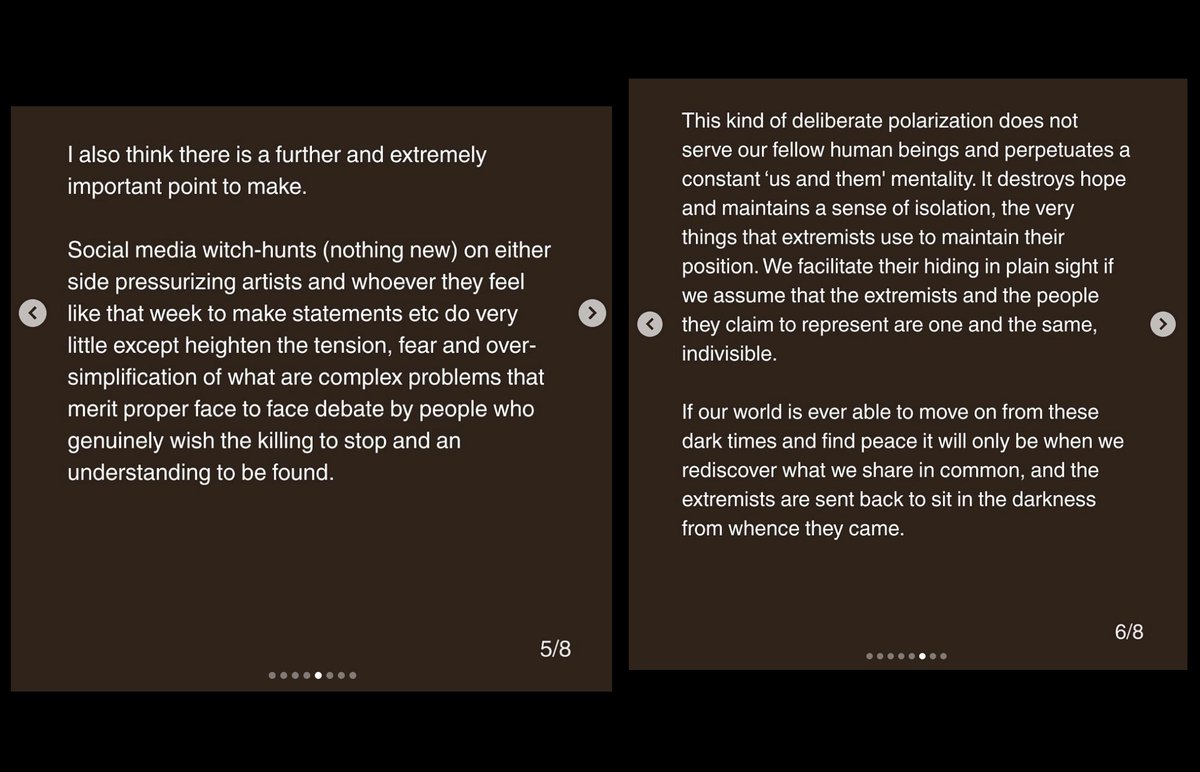 GSpellchecker's tweet image. So, Radiohead front man Thom Yorke has posted an 8 page statement about the Israel/Gaza conflict on Instagram. 

In it he claims Netanyahu and 'his crew of extremists are totally out of control and need to be stopped' because he has a 'transparent desire to take control of Gaza…