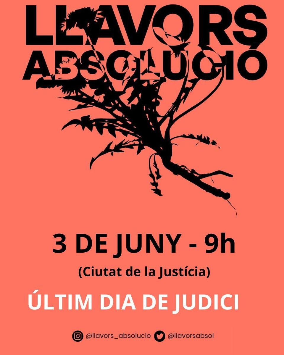 ‼️ÚLTIM DIA DE JUDICI DE LLAVORS ABSOLUCIÓ ‼️
Us convoquem dimarts a la porta de la Ciutat de la Justícia en suport de les encausades del cas Llavors. 
Hi serem fins que surtin. Elles per diners, nosaltres per amor❤️‍🔥
#llavorsabsolució 

🗓 03/06/2025
🕣 9h
📍Ciutat de la justícia