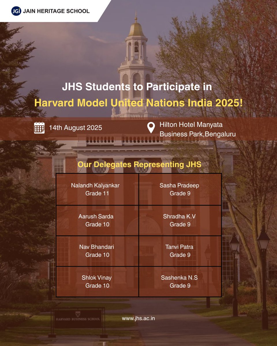 Our students have been selected to participate in the prestigious Harvard Model United Nations (HMUN) India 2025, hosted by Harvard University on August 14, 2025, in Bengaluru.
Wishing them the very best as they step onto an international platform of leadership and change! 
#JHS