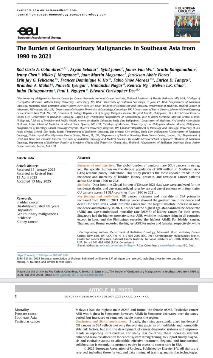Kenrick Ng (@kenrickng1) on Twitter photo Congratulations <a href="/EChrisDee/">Edward Christopher "Chris" Dee, MD</a> <a href="/RodColumbres/">Rod Carlo Columbres</a> for leading this multinational effort reflecting the epidemiology and increasing burden of GU cancers across the region. Thank you for having me as part of this great work. <a href="/urotoday/">UroToday.com</a> <a href="/VJOncology/">VJ Oncology</a> <a href="/EurUrolOncol/">European Urology Oncology</a>
sciencedirect.com/science/articl… Congratulations <a href="/EChrisDee/">Edward Christopher "Chris" Dee, MD</a> <a href="/RodColumbres/">Rod Carlo Columbres</a> for leading this multinational effort reflecting the epidemiology and increasing burden of GU cancers across the region. Thank you for having me as part of this great work. <a href="/urotoday/">UroToday.com</a> <a href="/VJOncology/">VJ Oncology</a> <a href="/EurUrolOncol/">European Urology Oncology</a>
sciencedirect.com/science/articl…