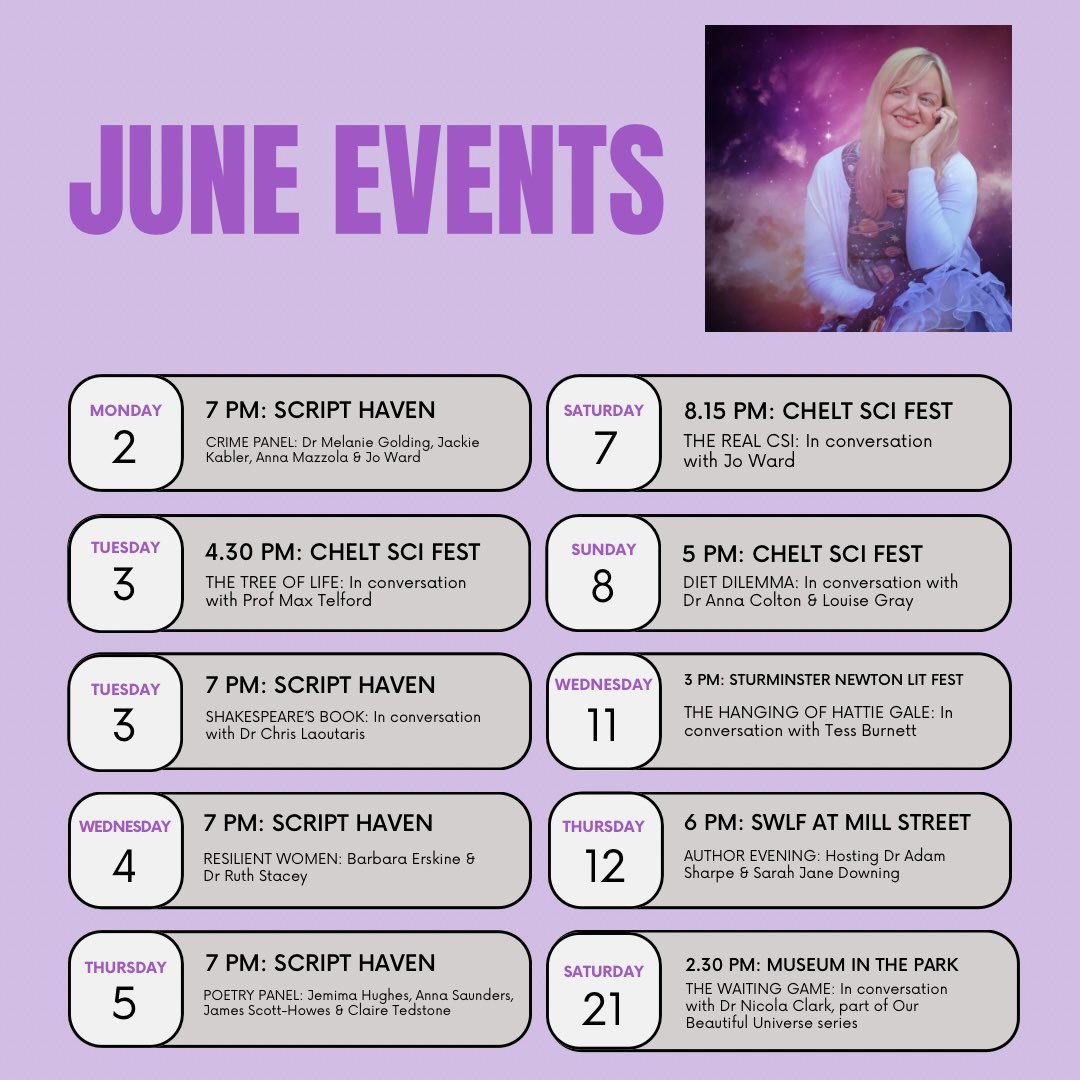 Jo Durrant (@jojo_durrant) on Twitter photo 📆 My June:
2nd - 5th: <a href="/scripthavenltd/">Script Haven</a>: <a href="/Anna_Mazz/">Anna Mazzola - Updates only.</a> <a href="/jackiekabler/">Jackie Kabler</a> <a href="/mk_golding/">Melanie Golding</a> <a href="/DrCLaoutaris/">Dr Chris Laoutaris</a> <a href="/Barbaraerskine/">Barbara Erskine</a> <a href="/MermaidsDrown/">Ruth Stacey</a> <a href="/AnnaSaund1/">Anna Saunders</a> <a href="/ClaireTedstone/">Claire Tedstone</a>
3rd, 7th, 8th: <a href="/CheltSciFest/">CheltSciFest</a>
11th: <a href="/SturminsterF/">Sturminster Newton Literary Festival</a> <a href="/tessburnett56/">Tess Burnett</a>
12th: <a href="/SouthWarksLF/">South Warwickshire Literary Festival</a>
21st: <a href="/NikkiClark86/">Dr Nicola Clark</a> <a href="/museuminthepark/">Museum in the Park</a> 📆 My June:
2nd - 5th: <a href="/scripthavenltd/">Script Haven</a>: <a href="/Anna_Mazz/">Anna Mazzola - Updates only.</a> <a href="/jackiekabler/">Jackie Kabler</a> <a href="/mk_golding/">Melanie Golding</a> <a href="/DrCLaoutaris/">Dr Chris Laoutaris</a> <a href="/Barbaraerskine/">Barbara Erskine</a> <a href="/MermaidsDrown/">Ruth Stacey</a> <a href="/AnnaSaund1/">Anna Saunders</a> <a href="/ClaireTedstone/">Claire Tedstone</a>
3rd, 7th, 8th: <a href="/CheltSciFest/">CheltSciFest</a>
11th: <a href="/SturminsterF/">Sturminster Newton Literary Festival</a> <a href="/tessburnett56/">Tess Burnett</a>
12th: <a href="/SouthWarksLF/">South Warwickshire Literary Festival</a>
21st: <a href="/NikkiClark86/">Dr Nicola Clark</a> <a href="/museuminthepark/">Museum in the Park</a>