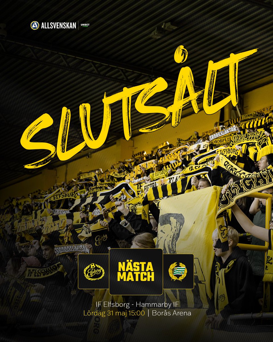 Dagens match är slutsåld!

Vi påminner om att komma i tid till arenan, minst 1 timme innan avspark. 

Elfsborgsläktaren och Gula Torget öppnar 2 timmar innan avspark, och samtliga övriga entréer öppnar 1,5 timme innan avspark.

Vi ses snart!
__
#vitillsammans #elfsborg #borås
