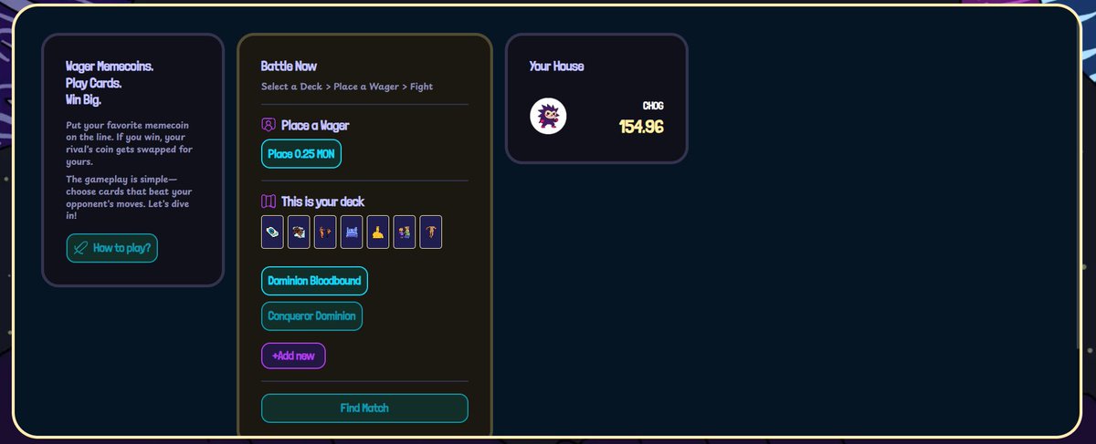 andreaswij_'s tweet photo. Day 67 interacting with @monad_xyz testnet

1. https://t.co/GAsVlU7l2k
- Connect wallet
- Disini minimum bet nya di 0,25 $SOL ya 
- Kalo ga salah di awal ada kesempatan untuk pilih karakter, pilih aja bebas
- Ini kurang lebih kaya permainan card turn based game lah mirip2 axie. Harusnya udah familiar ya. 
- Langsung coba find Match dan mainin aja game nya. 
- Disini kita harus approve dan deposit 0,25 $MON dulu ya. Disini kalian harus nunggu musuh untuk depo juga biar bisa mulai main.
- Lalu mainin gamenya aja seperti biasa
- Permainannya pinter2 nebak aja, kalo musuh serang kalian harus ada defense, kalo kalian nyerang, make sure musuh ga ada defenese, sampe HP habis atau waktu habis. 
- Done

See you on day 68