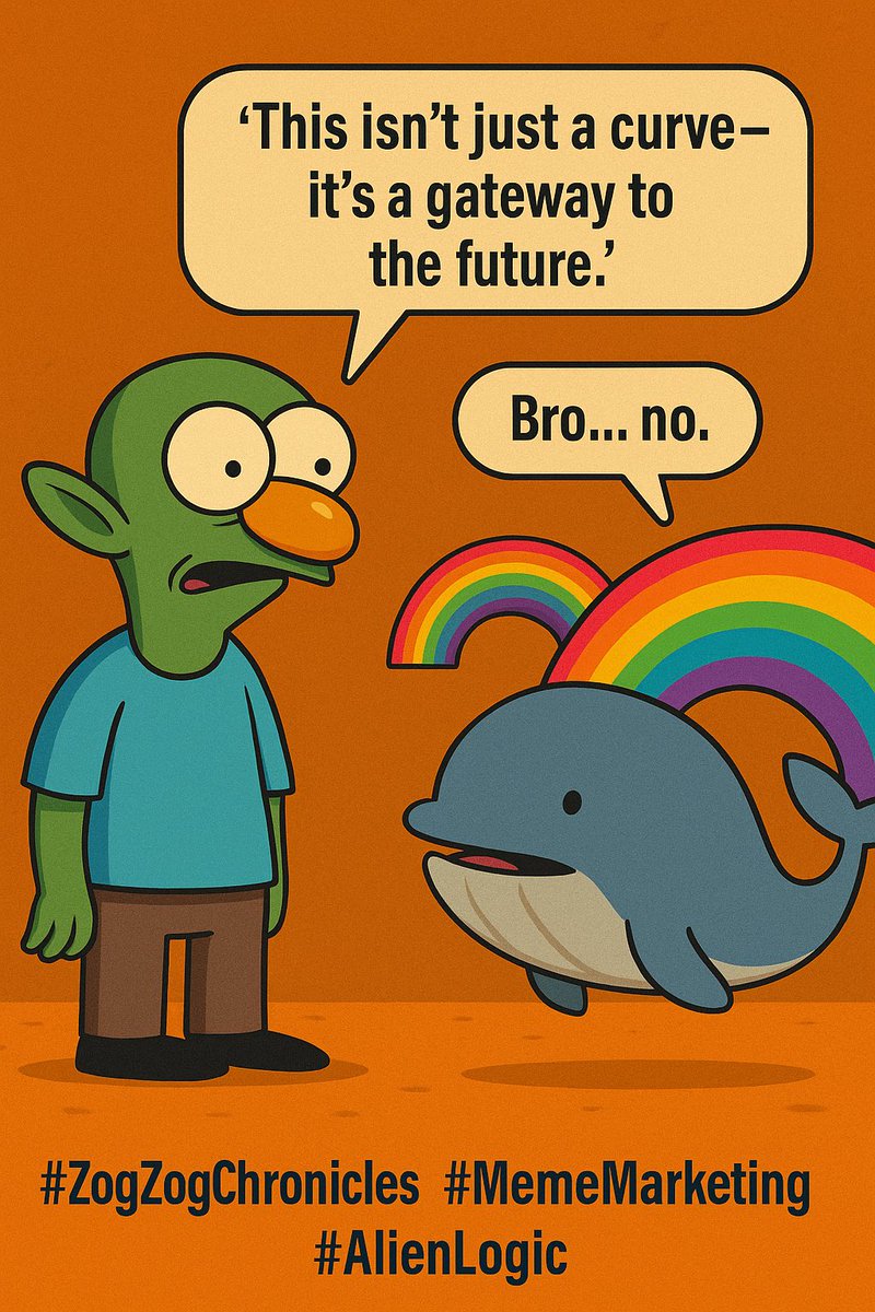 TheZogZog's tweet photo. 🌈 ZogZog once tried to sell a rainbow.
He told a crypto whale:
“This isn’t just a curve—it’s a gateway to the future.”
The whale said:
“Bro… no.”
But we know who’s gonna win 😉
#ZogZogChronicles #MemeMarketing #AlienLogic https://t.co/zJ0e1vaz9I