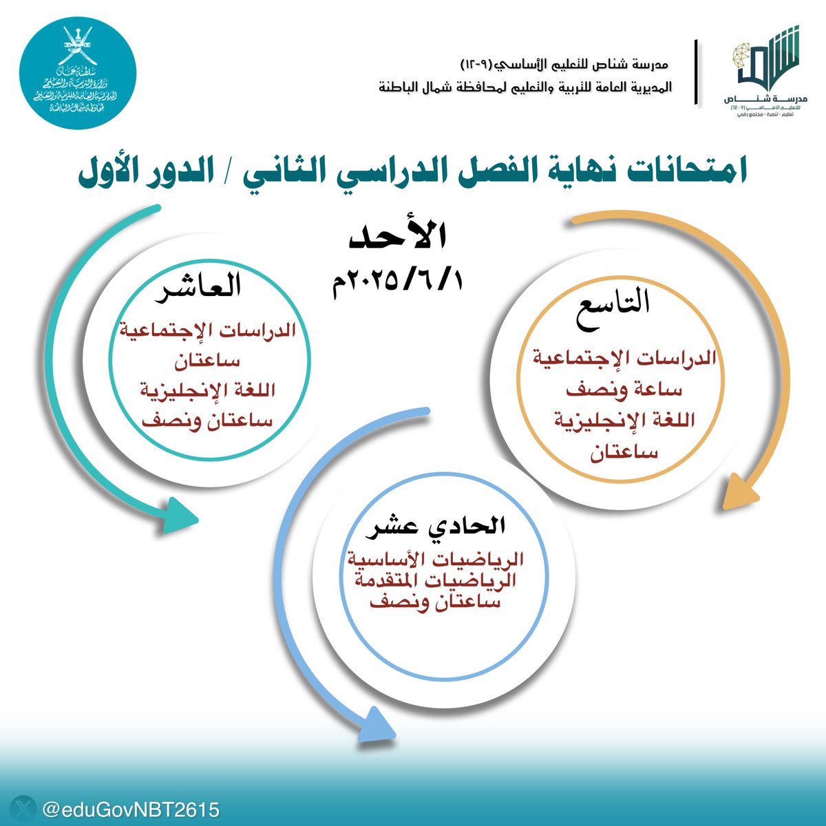 امتحانات نهاية الفصل الدراسي الثاني / الدور الأول
 الأحد ١ /٦ /٢٠٢٥م.
#تعليم_مستدام 
#فعاليات_تعليمية_شمال_الباطنة