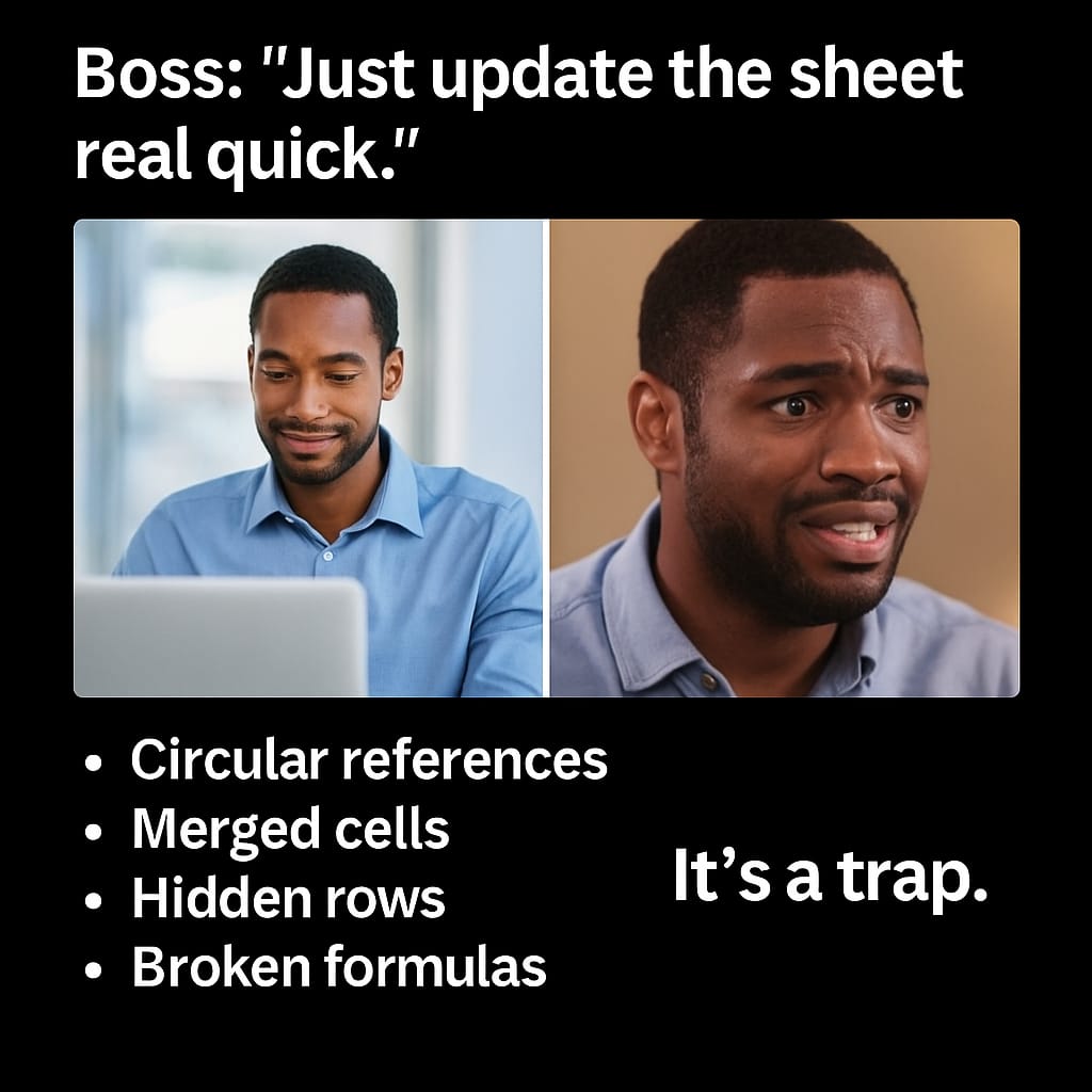 excelwizardd's tweet image. Boss: “Just update the sheet real quick.”

Me: opens file

Circular references

Merged cells

Hidden rows

Broken formulas

This isn&apos;t a sheet.

It’s a trap 😭

@Microsoft365 @Microsoft #ExcelMemes #SpreadsheetChaos #ExcelWizardd