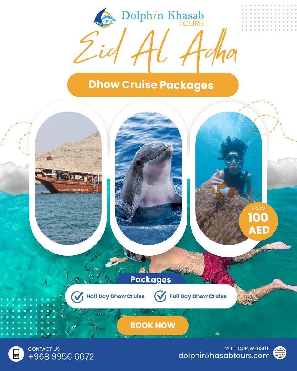 Eid Al Adha Escape to Khasab – From AED 100! 🐬🌊

Celebrate Eid Al Adha with a scenic adventure in Khasab! Join Dolphin Khasab Tours for a holiday you’ll never forget – starting from just AED 100!

✨ Eid Special Includes:
🛥️ Dhow cruise through stunning fjords
🐬 Dolphin