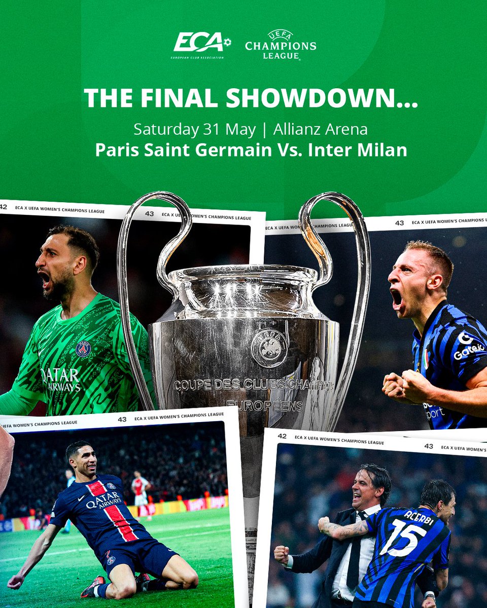 ECA (@ecaeurope) on Twitter photo Get ready for one final battle under the lights. 🏆
It's almost time for either <a href="/PSG_inside/">Paris Saint-Germain</a> or <a href="/Inter/">Inter ⭐⭐</a> to write their name in the history books.
💬 What has been your standout moment of the 2024/25 <a href="/ChampionsLeague/">UEFA Champions League</a> season? #WeAreECA #HeartofFootball Get ready for one final battle under the lights. 🏆
It's almost time for either <a href="/PSG_inside/">Paris Saint-Germain</a> or <a href="/Inter/">Inter ⭐⭐</a> to write their name in the history books.
💬 What has been your standout moment of the 2024/25 <a href="/ChampionsLeague/">UEFA Champions League</a> season? #WeAreECA #HeartofFootball