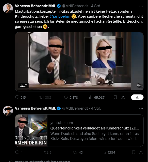 Da stand <a href="/MdlBehrendt/">Vanessa Behrendt MdL</a> nicht gut da. Böhmermann hat wieder einen wunden Punkt getroffen und Rechtstwitter schäumt wieder. Das ganze Mimimi ist wieder köstlich.
#RechtehassenKinder!