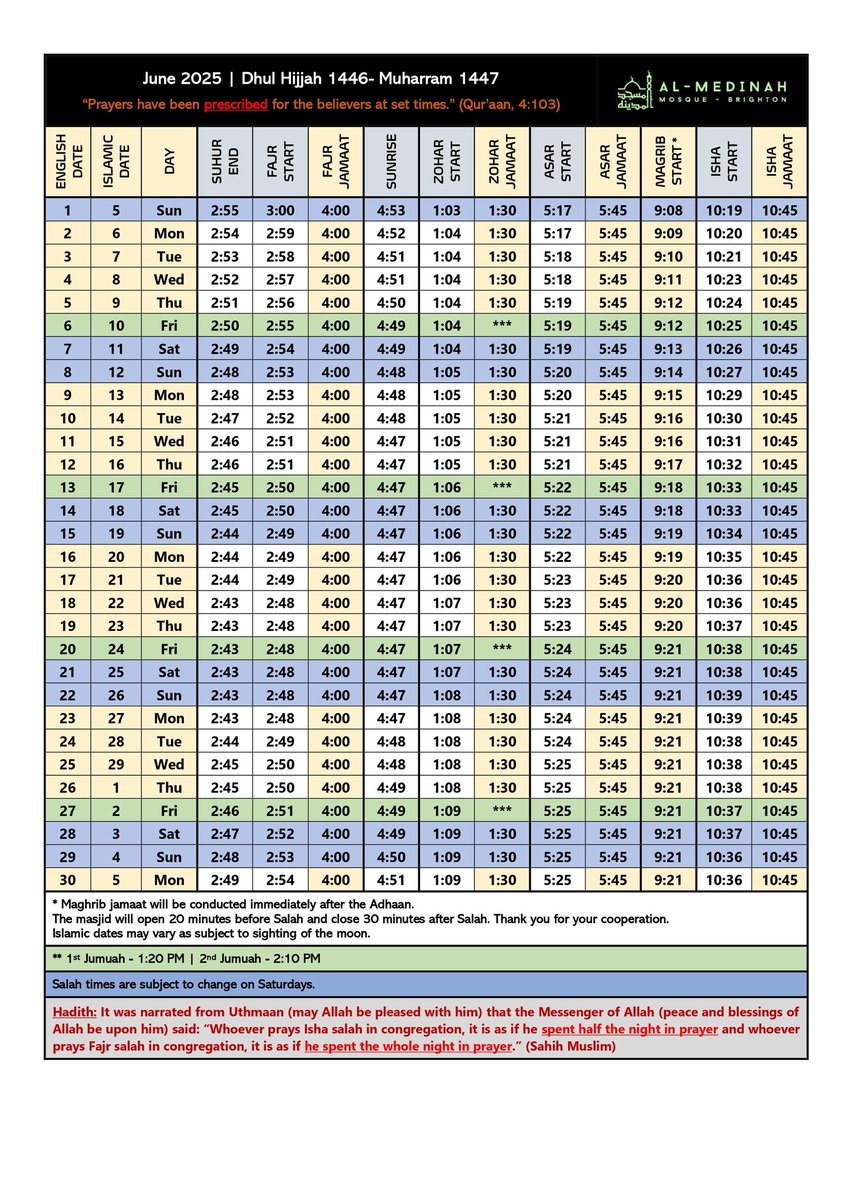 #June 2025 prayer timetable