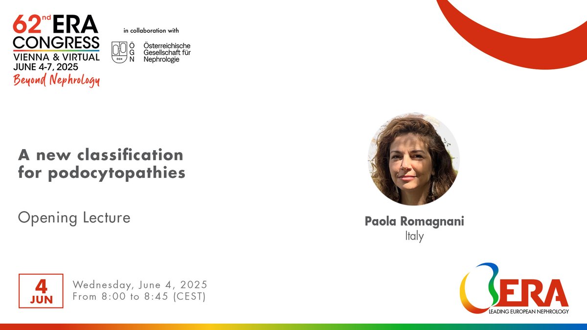 📣 Save the date! The Opening Lecture at #ERA25 will focus on "A new classification for podocytopathies", join Paola Romagnani on
📅June 4, 8:00 - 8:45 (CEST)

Discover our Scientific Programme 👉 bit.ly/41UFxSo