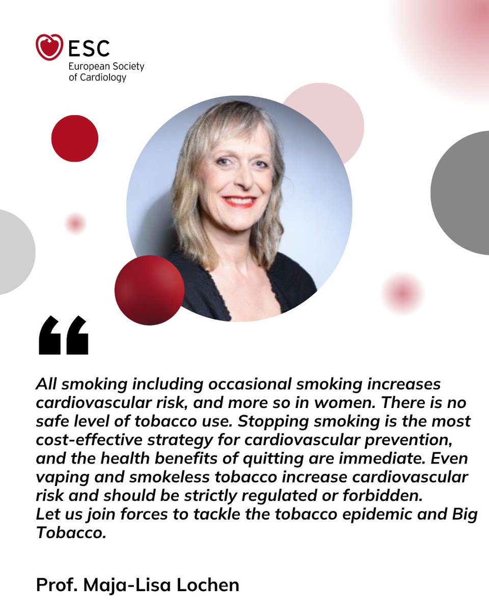 European Society of Cardiology (@escardio) on Twitter photo Today is #WorldNoTobaccoDay 🚭
Male or female? different addictions, different risk by <a href="/majalisalochen1/">Maja-Lisa Løchen</a>
Watch this presentation from #ESCPrev2025 on #ESC365 ow.ly/OfSL50VZfCY
#TobaccoExposed #EAPC_ESC #quitmoking #CVD Today is #WorldNoTobaccoDay 🚭
Male or female? different addictions, different risk by <a href="/majalisalochen1/">Maja-Lisa Løchen</a>
Watch this presentation from #ESCPrev2025 on #ESC365 ow.ly/OfSL50VZfCY
#TobaccoExposed #EAPC_ESC #quitmoking #CVD