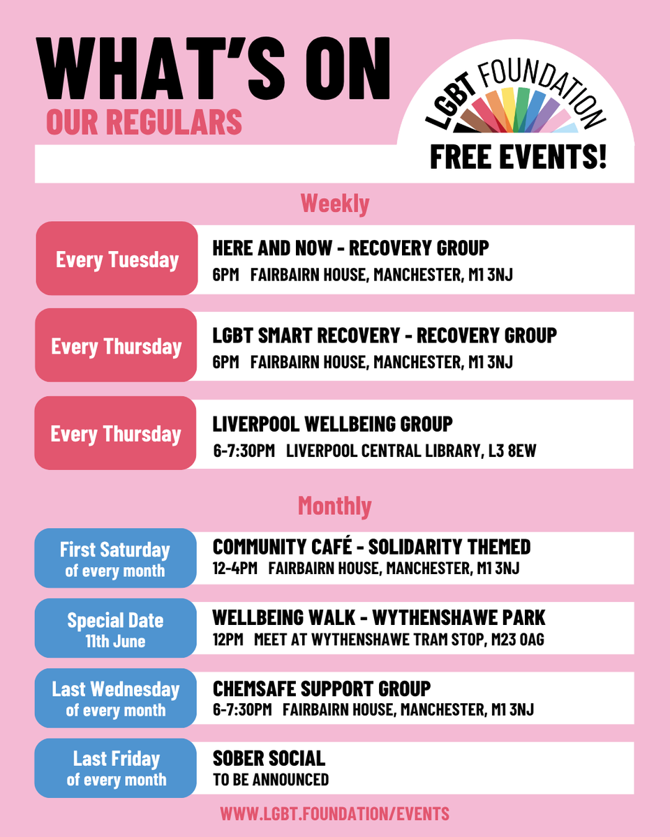LGBTfdn's tweet photo. What's On in June at LGBT Foundation ๐
Pride Month is here, and thereโs so much to celebrate!
Visit https://t.co/SVOU0ppj8z to join in on the fun. ๐
#PrideMonth #LGBTFoundation #ManchesterPride #QueerCommunity #LiverpoolPride #LGBTQEvents #PrideInTheUK #ManchesterEvents https://t.co/SgD9jwSsOh