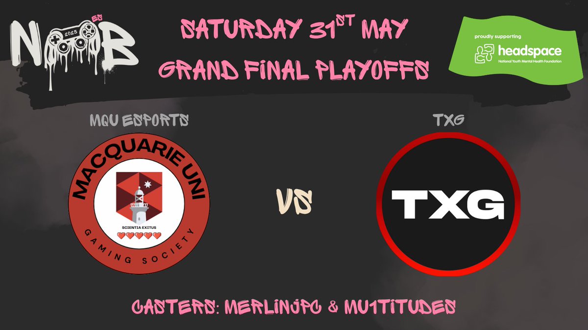 🏆 THE FINAL BATTLE IS HERE 🏆

After a wild two weeks of upsets and clutches, it all ends TONIGHT 

TXG vs MQU Esports in a BO3 showdown for the title!

📺 7:30PM AEST: twitch.tv/noob_esports
🎙️casted by: <a href="/MerlinJPC/">Merlin</a> &amp; <a href="/mu1titudes/">mu1titudes</a> 

 Support <a href="/headspace_aus/">headspace</a> by donating here: