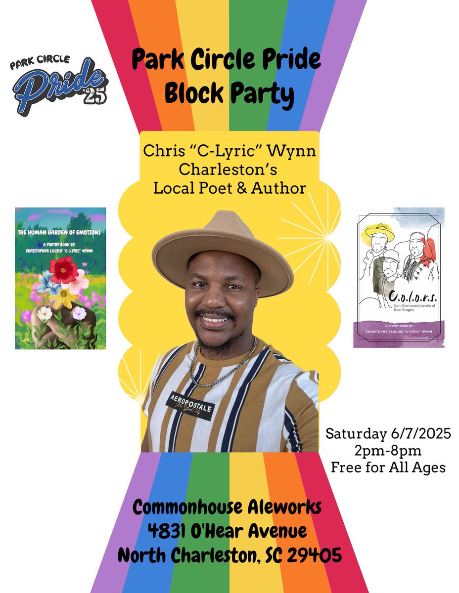 Next Saturday I will be among multiple vendors for @parkcirclepride at <a href="/commonhousesc/">Commonhouse Aleworks</a> attending this year’s Pride Block Party in North Charleston from 2pm-8pm. Free attendance to all. I will have my two poetry books available for purchase to everyone. See y’all there.
😊❤️🏳️‍🌈📚📝