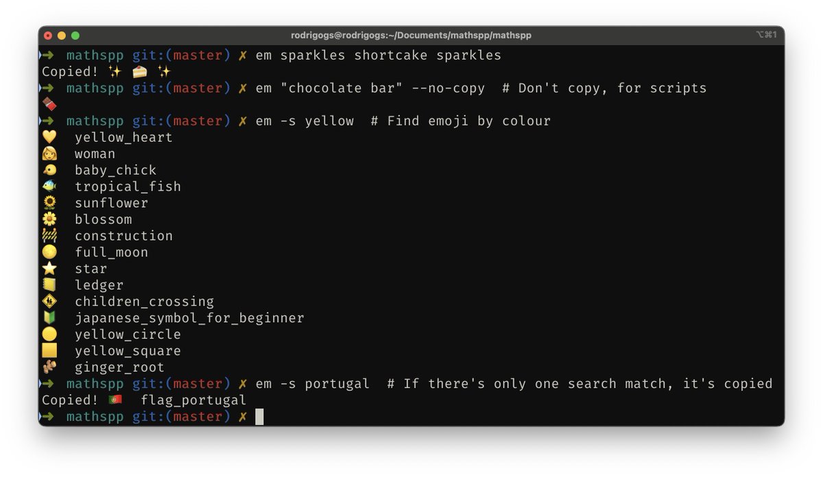 I just learned about `em-keyboard`!

It's a fun little tool you can use to access emoji by name from the comfort of your terminal!

Written in Python!
(Heh, here's a CLI that Rust hasn't taken from us 🤣)