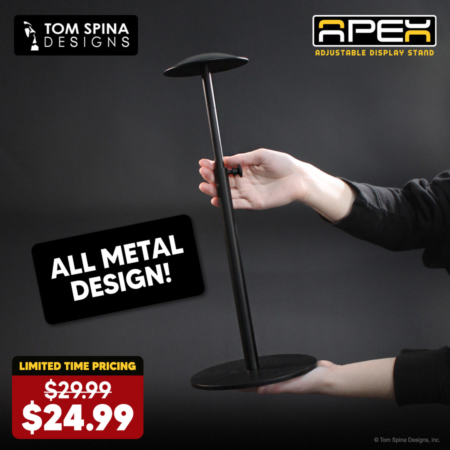 TomSpinaDesigns's tweet image. Take advantage of intro pricing on our new museum-quality, full metal, adjustable display stands for your helmet, hat, and other collectibles! bit.ly/tsdapexstand #TomSpinaDesigns #HelmetCollector #HatStand #PropCollector #MovieProps