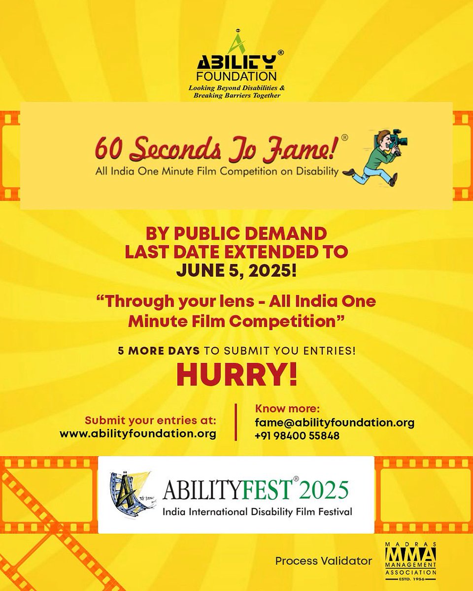 📢 Deadline Extended!
Submit your entry for 60 Seconds to Fame – All India One Minute Film Competition on Disability by June 5, 2025.

Submit: abilityfoundation.org
Know more: fame@abilityfoundation.org | +91 98400 55848