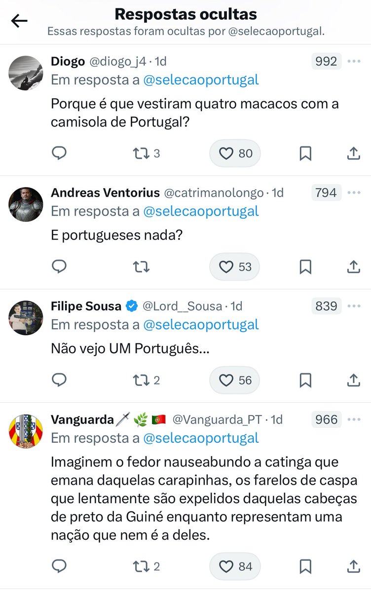 BlessingMSL's tweet photo. Seguem aqui alguns dos comentários ocultos e algumas das replies a esta publicação da FPF sobre a campanha da seleção de s17. Na tv: “Eles não são racistas ou xenófobos. Votam num partido racista porque estão revoltados com os outros partidos”. 
A realidade na bolha é mais esta. https://t.co/9kIKDCb0mT