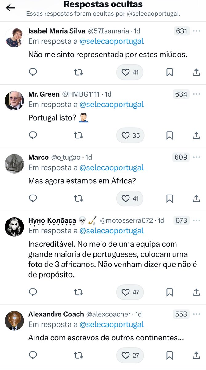 BlessingMSL's tweet photo. Seguem aqui alguns dos comentários ocultos e algumas das replies a esta publicação da FPF sobre a campanha da seleção de s17. Na tv: “Eles não são racistas ou xenófobos. Votam num partido racista porque estão revoltados com os outros partidos”. 
A realidade na bolha é mais esta. https://t.co/9kIKDCb0mT