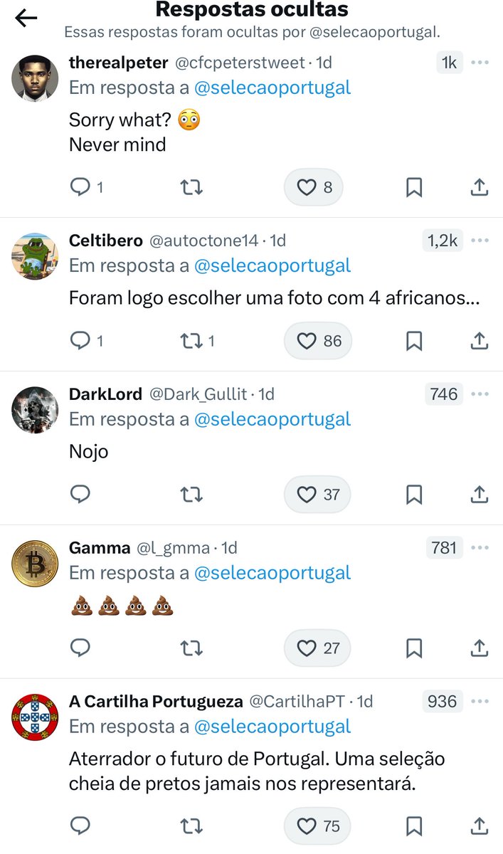 BlessingMSL's tweet photo. Seguem aqui alguns dos comentários ocultos e algumas das replies a esta publicação da FPF sobre a campanha da seleção de s17. Na tv: “Eles não são racistas ou xenófobos. Votam num partido racista porque estão revoltados com os outros partidos”. 
A realidade na bolha é mais esta. https://t.co/9kIKDCb0mT