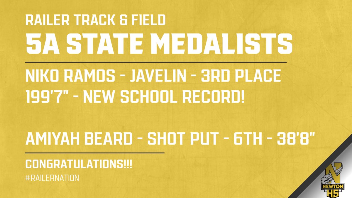 Yesterday the Railers had 2 state medalists! Congrats to Amiyah Beard - 6th place in Shot Put &amp; Niko Ramos - 3rd place in Javelin! With his throw of 199'7" Niko also broke the school record! This also makes 25 straight years that an NHS thrower has medaled at State! #RailerNation