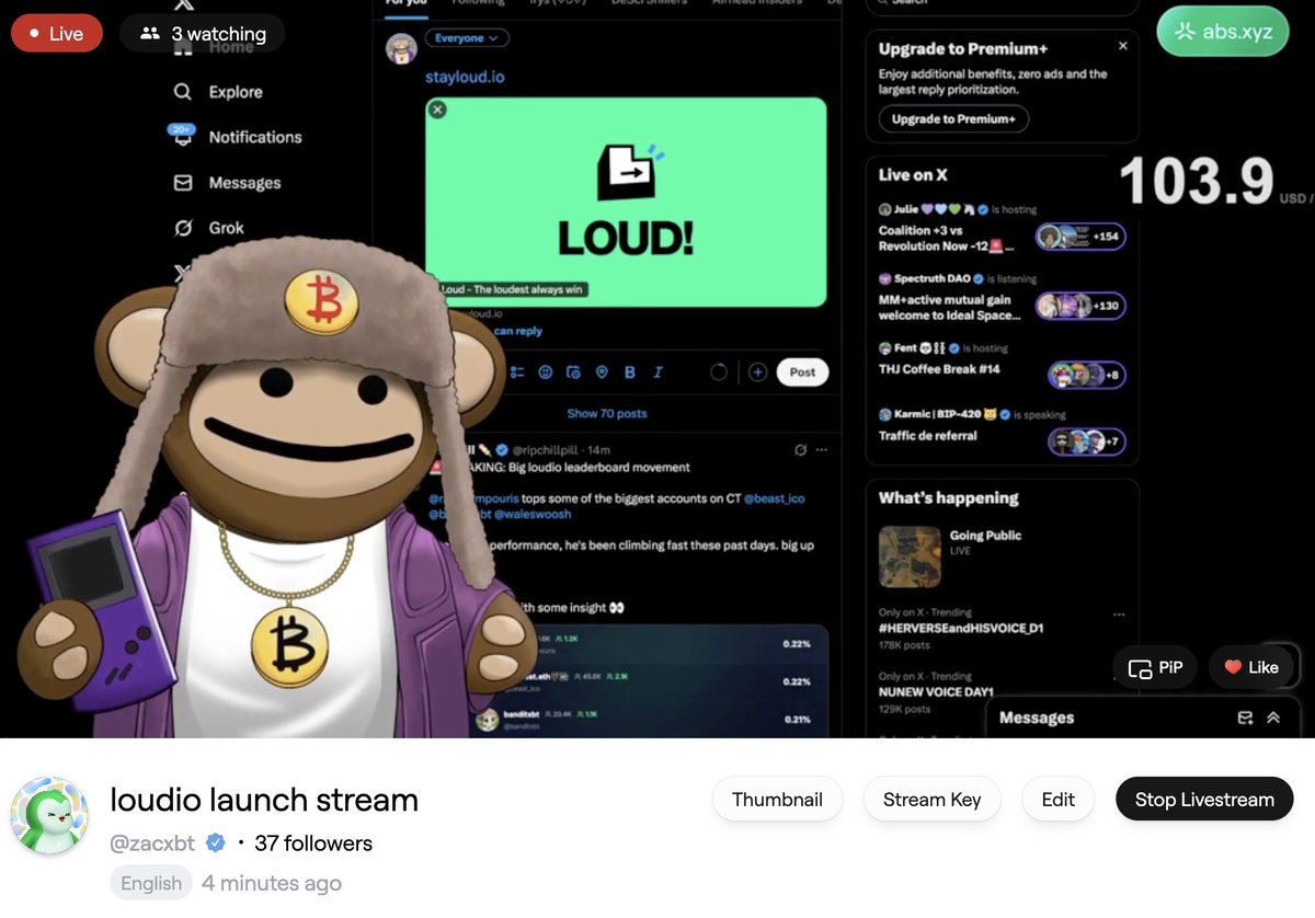 🎉 live now: $LOUD pre-tge party 
tune in for vibes, alpha, &amp; loudio
👉 portal.abs.xyz/stream/zacxbt