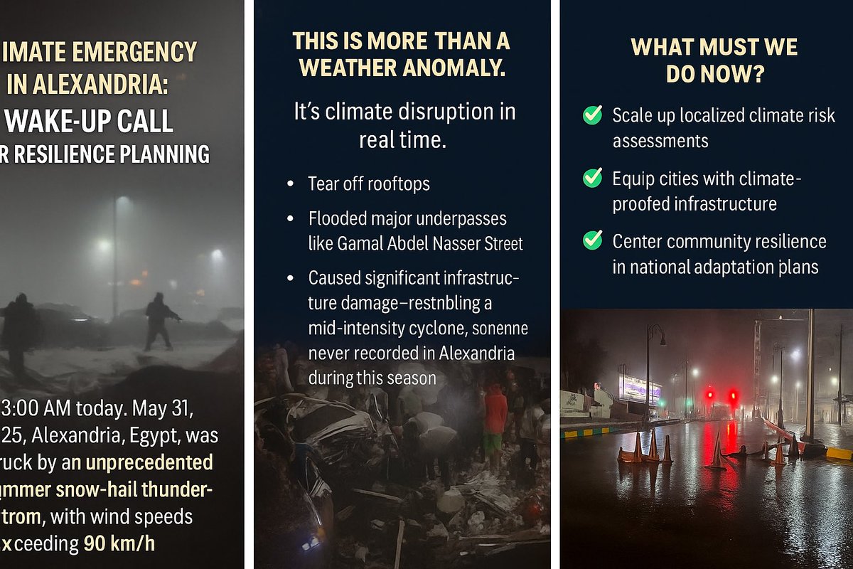 ylefoundation's tweet image. 🚨 Unbelievable!
Alexandria, Egypt hit by an unprecedented summer snow-hail thunderstorm with winds over 90 km/h — roofs ripped off, roads flooded, chaos everywhere.

This isn’t weather.
This is climate breakdown.
#AlexandriaStorm #ClimateCrisis #cop30 #AhmedFathyThoughts @UNFCCC